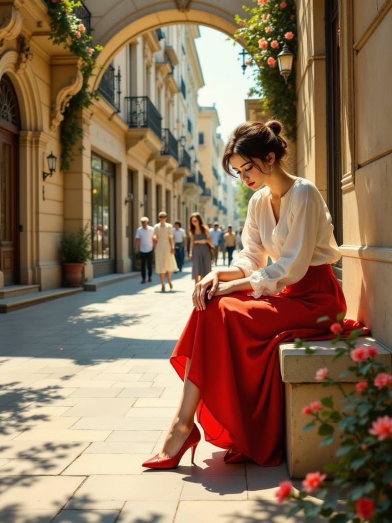 Elegant Woman Lost in Thought on European Street