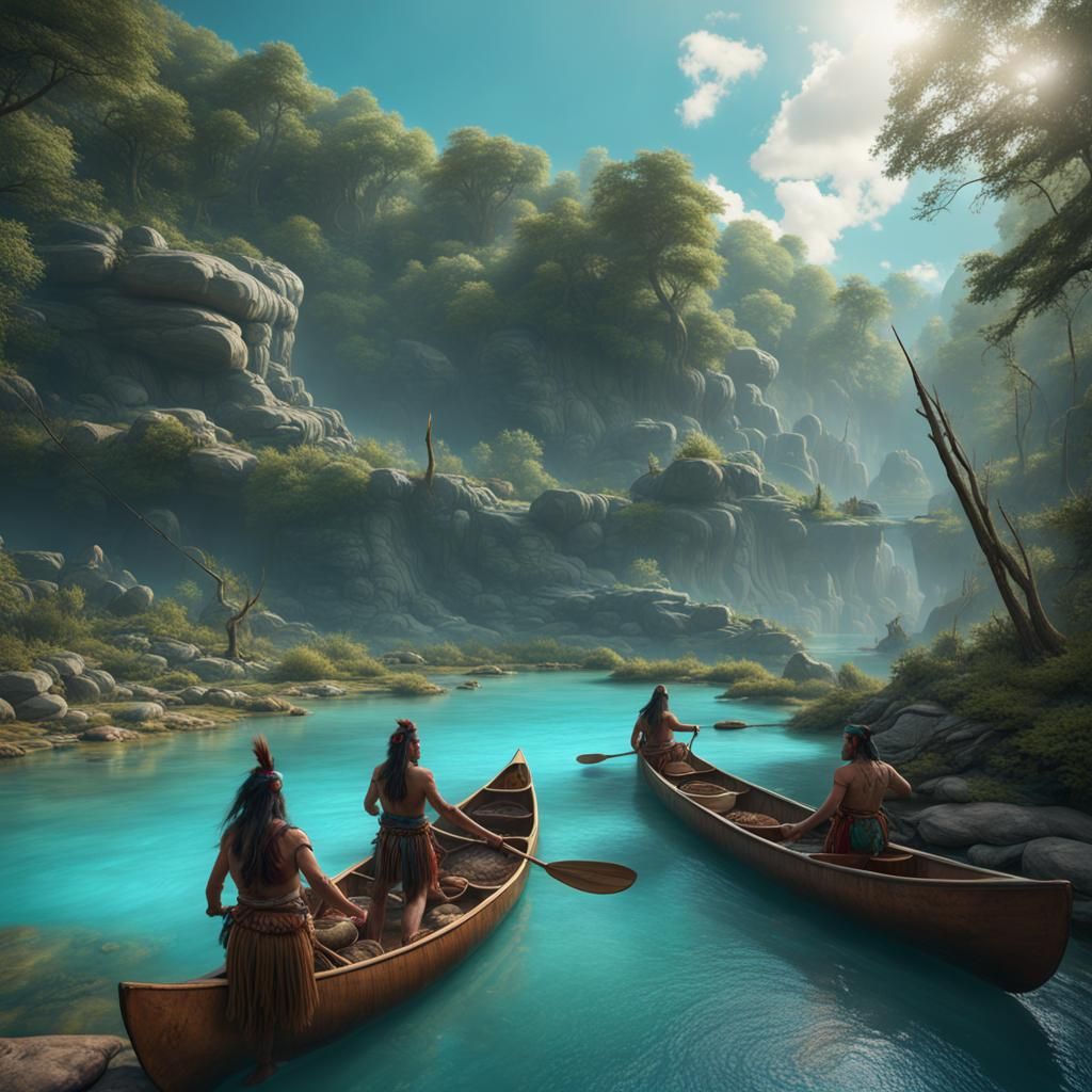 Lenape Tribe Fishing: Detailed Matte Painting in Turquoise W...
