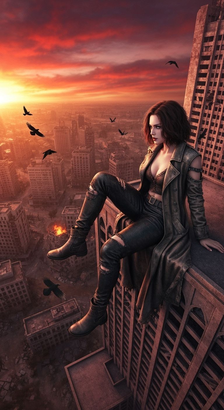 Gothic Character Overlooks Dystopian Cityscape