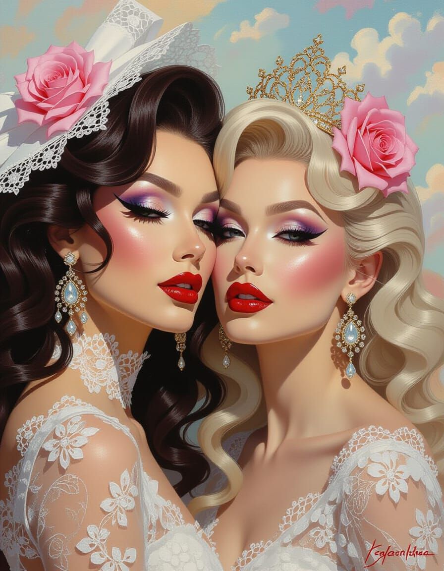 Masterpiece Portrait of Androgynous Beauties With Lace Accen...