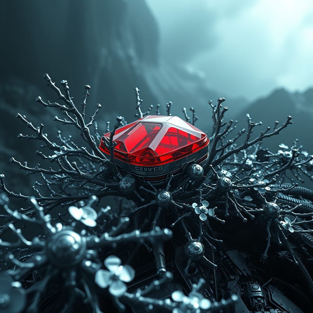 Mechanized Silver Brambles Overgrow Dark Landscape