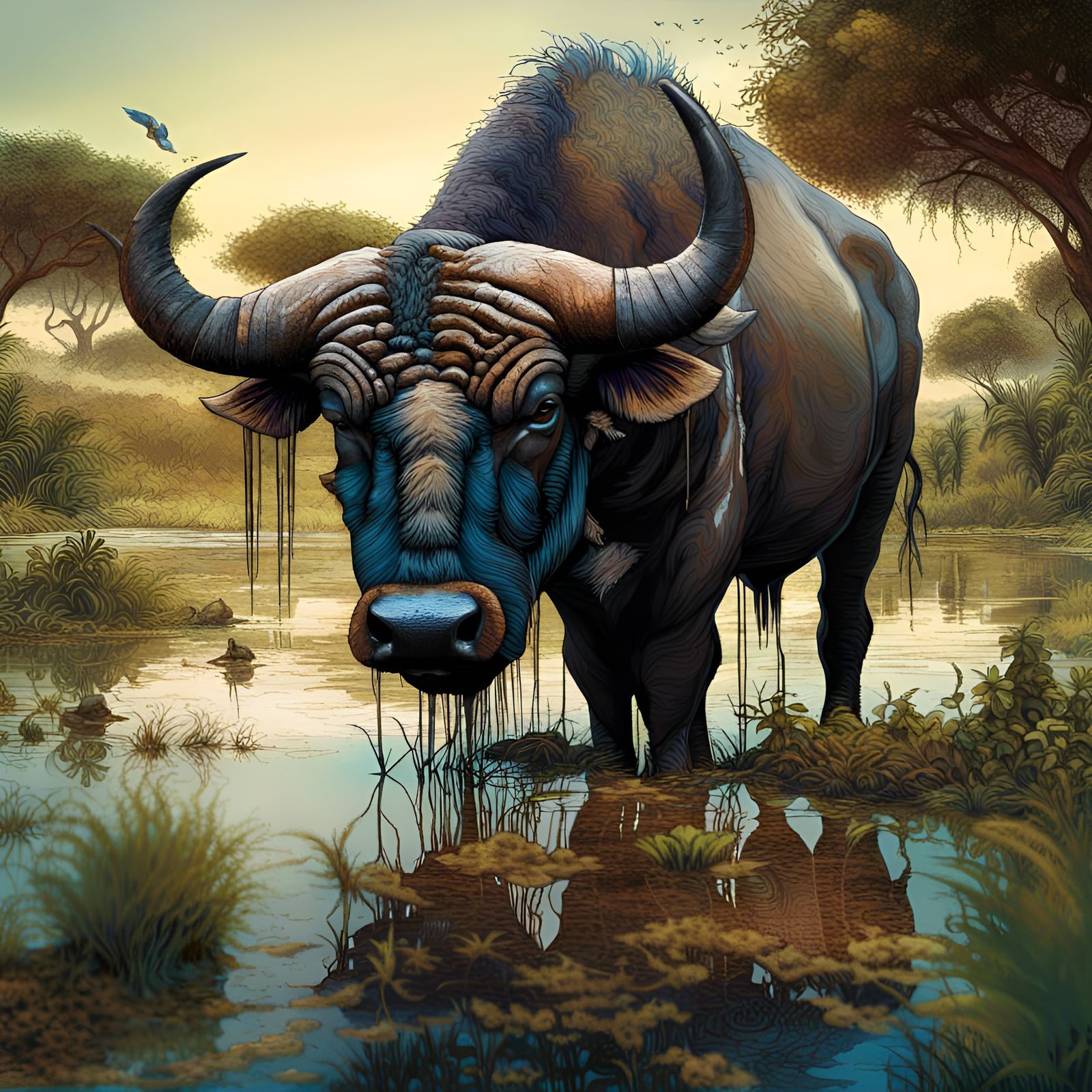 African Buffalo in Savannah Lake: Digital Art