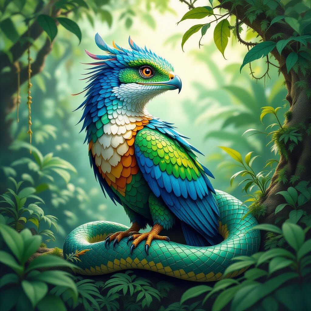 Majestic Bird-Snake Creature in Lush Fantasy Landscape
