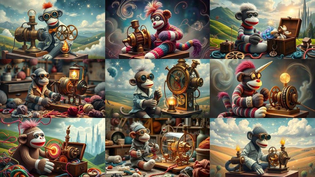 Whimsical Yarn Art Sock Monkey in a Fantastical Invention Sc...