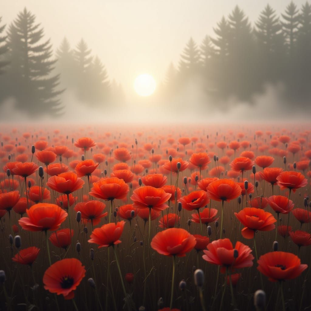 Vast Poppy Field in Ethereal Sunlight and Fog