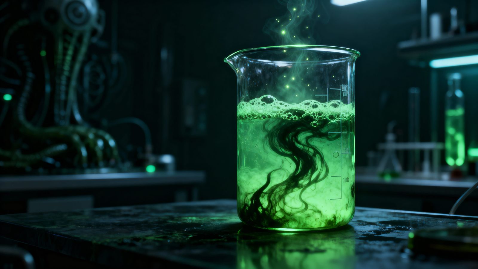 Glowing Toxic Green Liquid in Lab Beaker