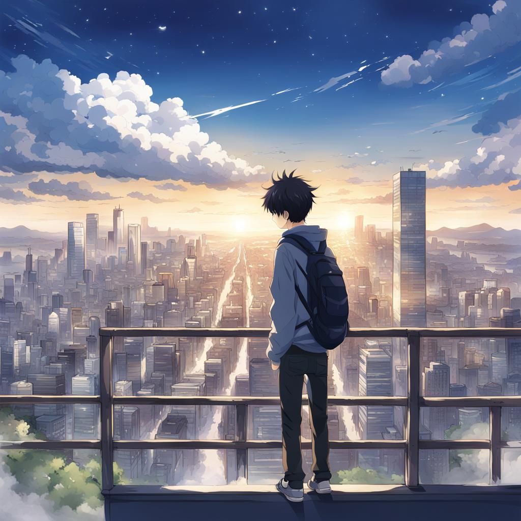 Anime Boy Overlooking New Tokyo in Manga Style
