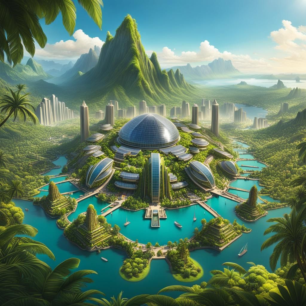 Solarpunk City Oasis: Island Gardens and Waterfalls