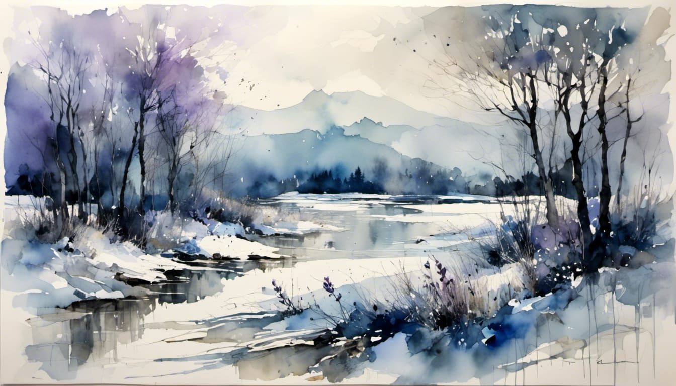 abstract winter in blues, grays with lavender : watercolor p...