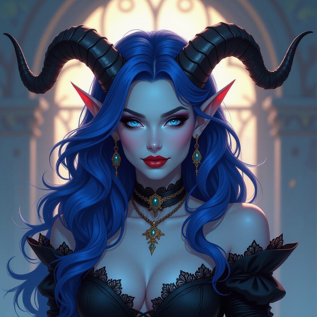Goth Tiefling Woman With Blue Skin and Horns