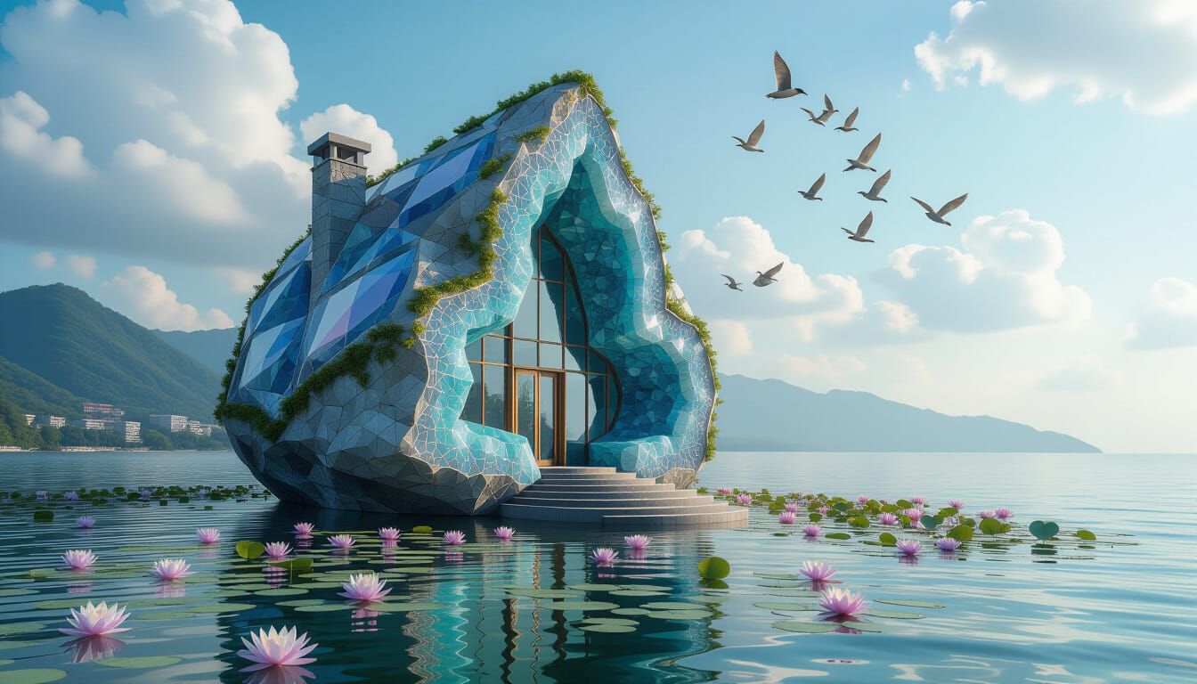 Gemstone Geode House Overlooking Water with Birds in Flight