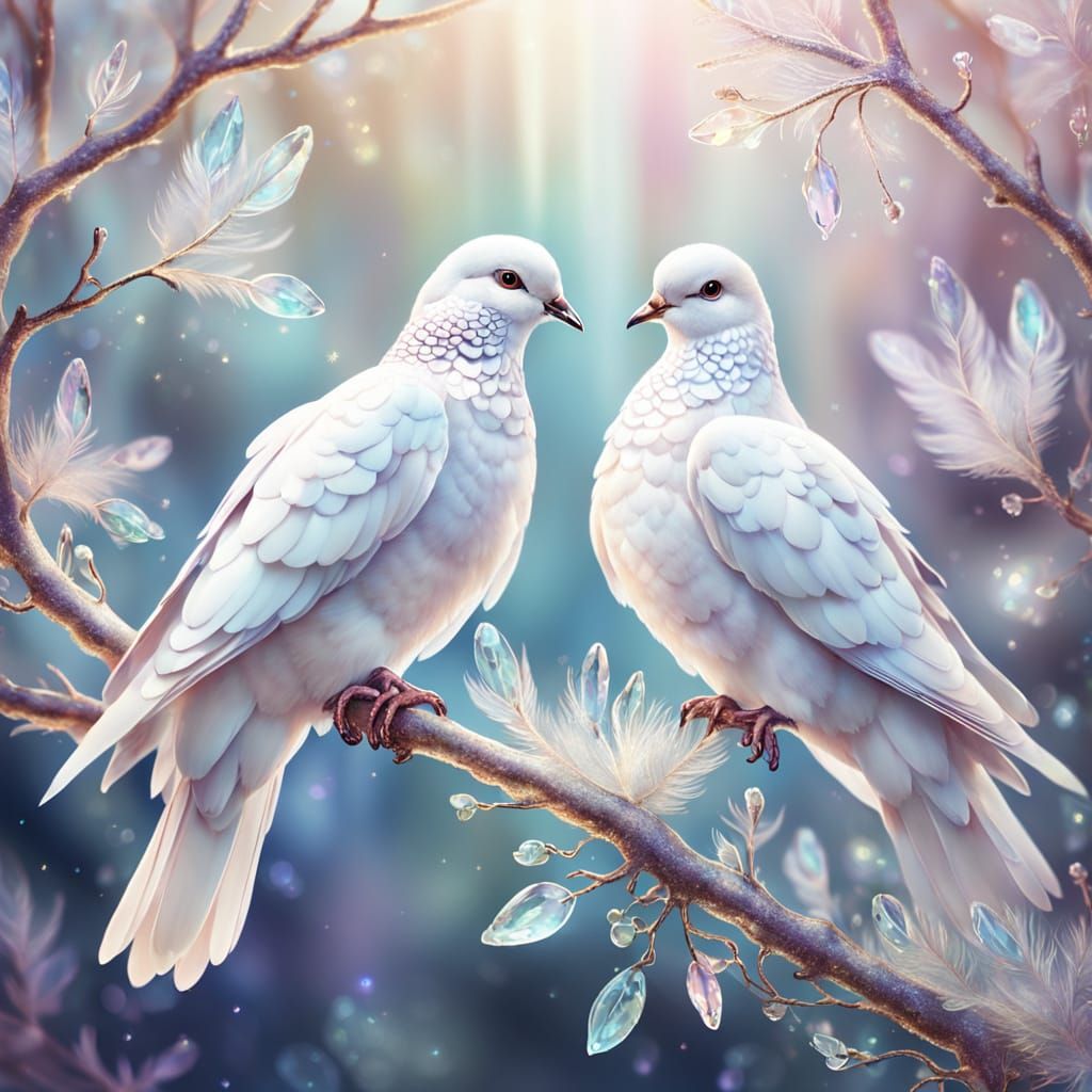 White Doves on Crystal Branch in Whimsical Style