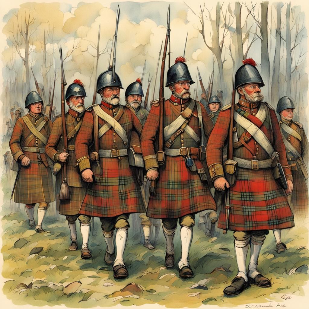 Scottish Soldiers in Tartan: Whimsical Illustration
