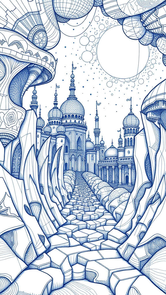 Futuristic Arabian World in Elaborate Blue Ink Doodle