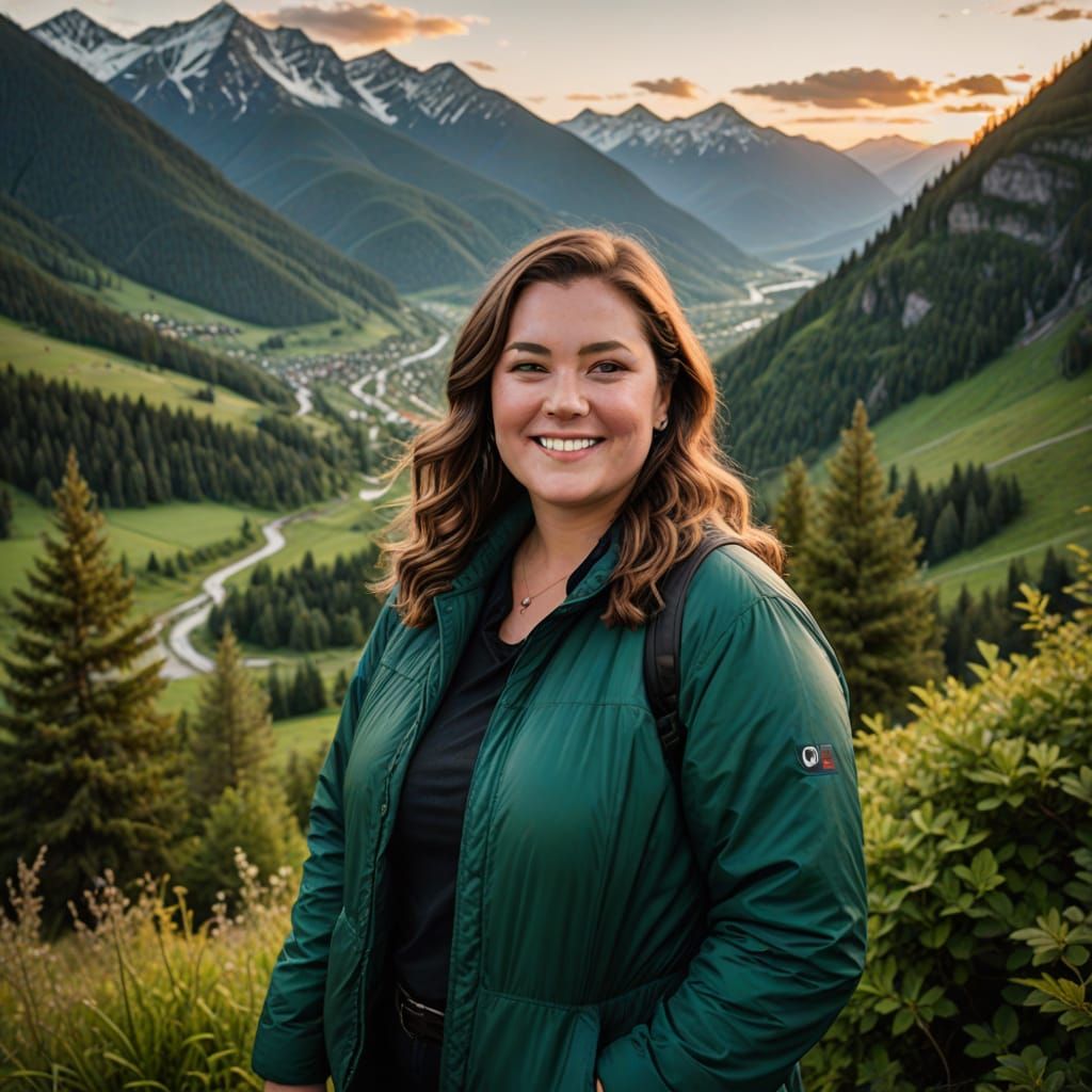 Charming Plus-Sized Woman Posing in a Scenic Mountain Landsc...