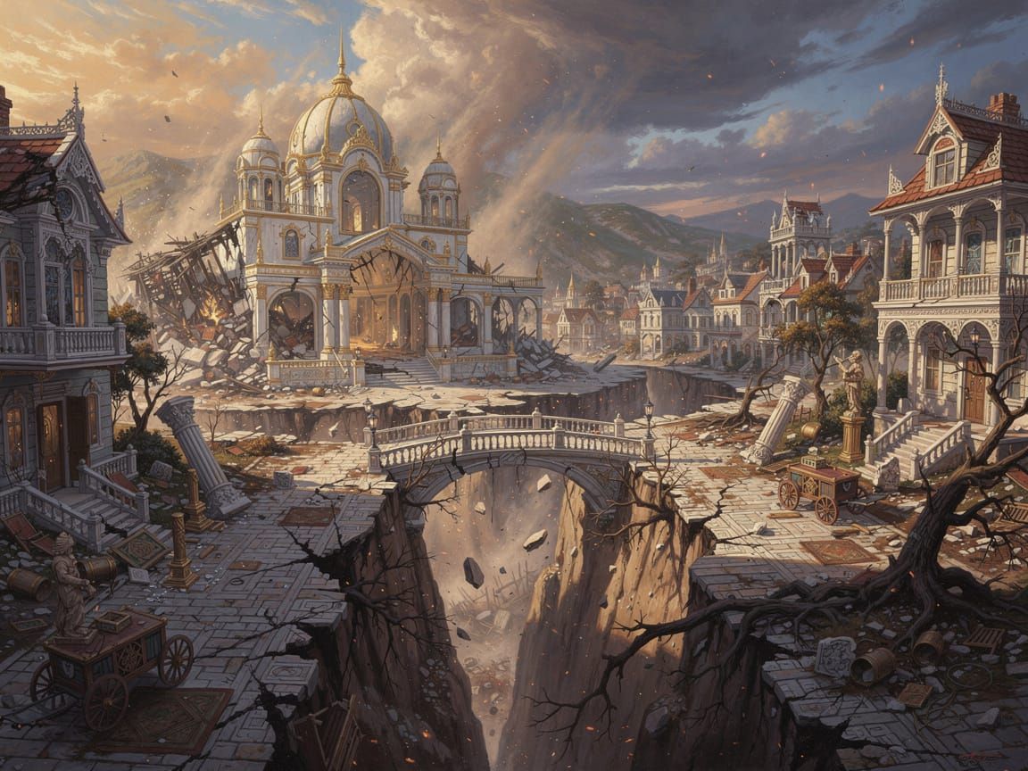 Epic Oil Painting of Earthquake-Ravaged Luxury City