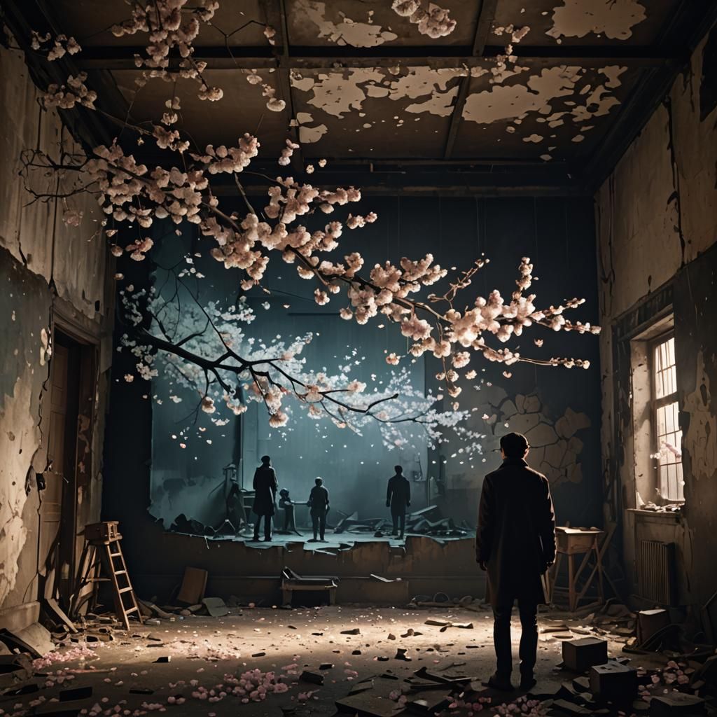 Cherry Blossoms Bloom in Decaying Art Deco Room