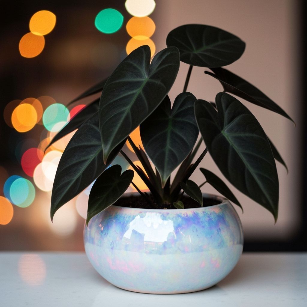 Velvet Black Alocasia Plant in Moon Pot 1950s Style