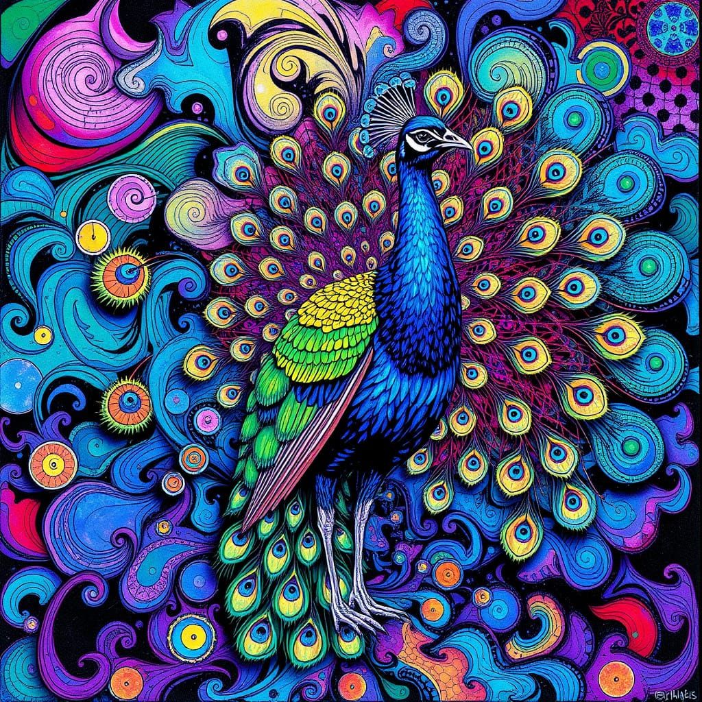 Psychedelic Peacock Born from Vibrant Fractals