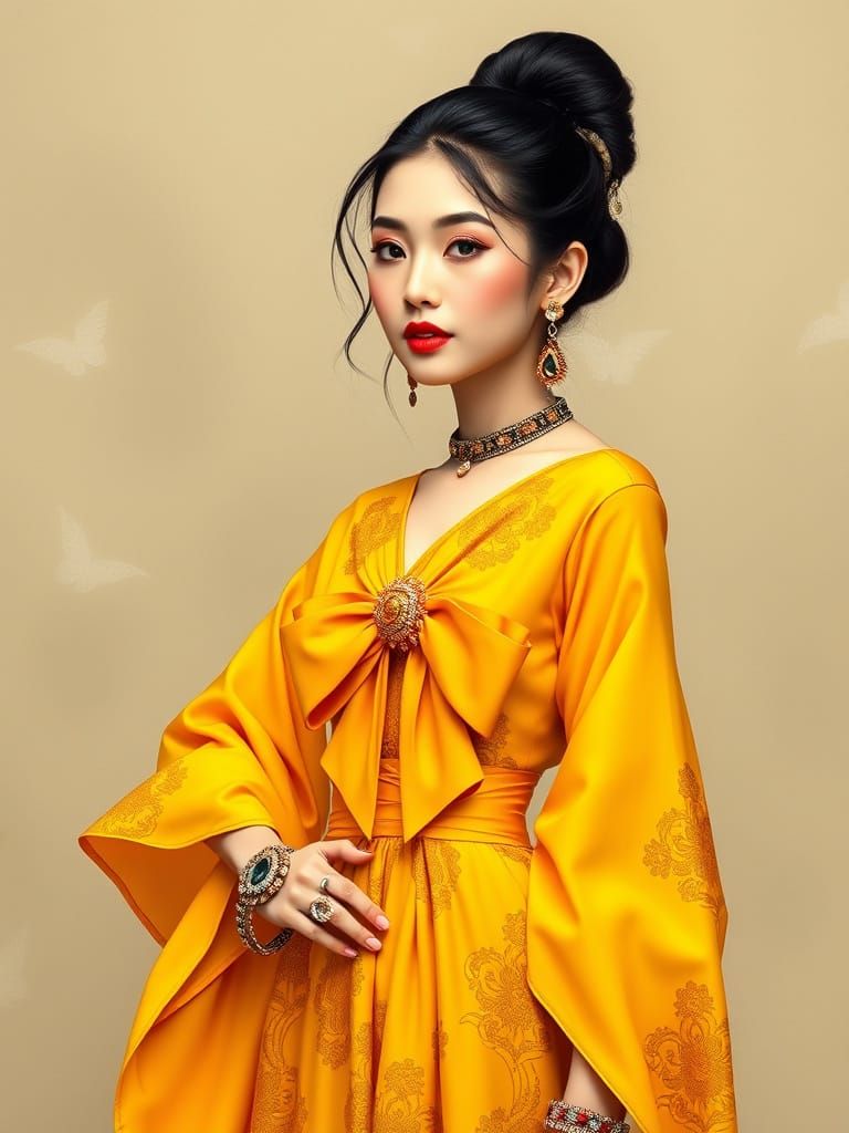 Asian Woman in Yellow Dress, Art Nouveau Style