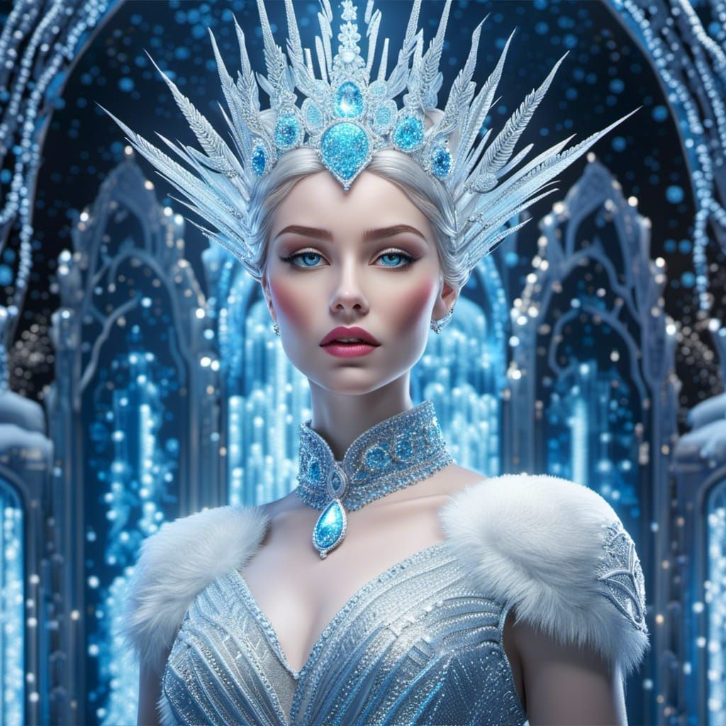 Snow Queen Gazes on Frozen Landscape: Digital Rendering