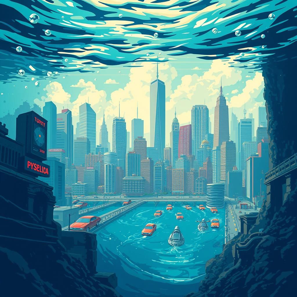Flooded Cityscape in 8-bit Pixel Art Style