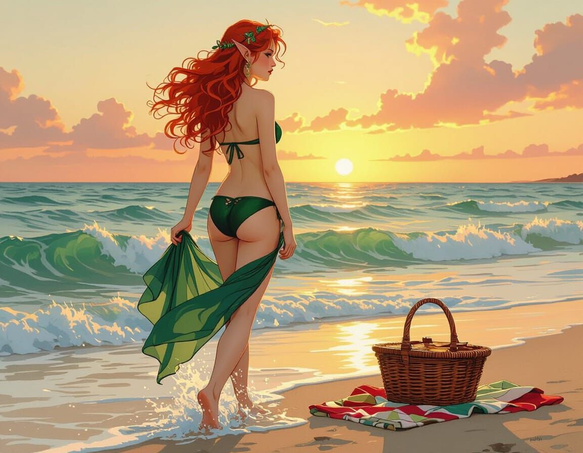Red Haired Elf at Sunset, Art Nouveau Style