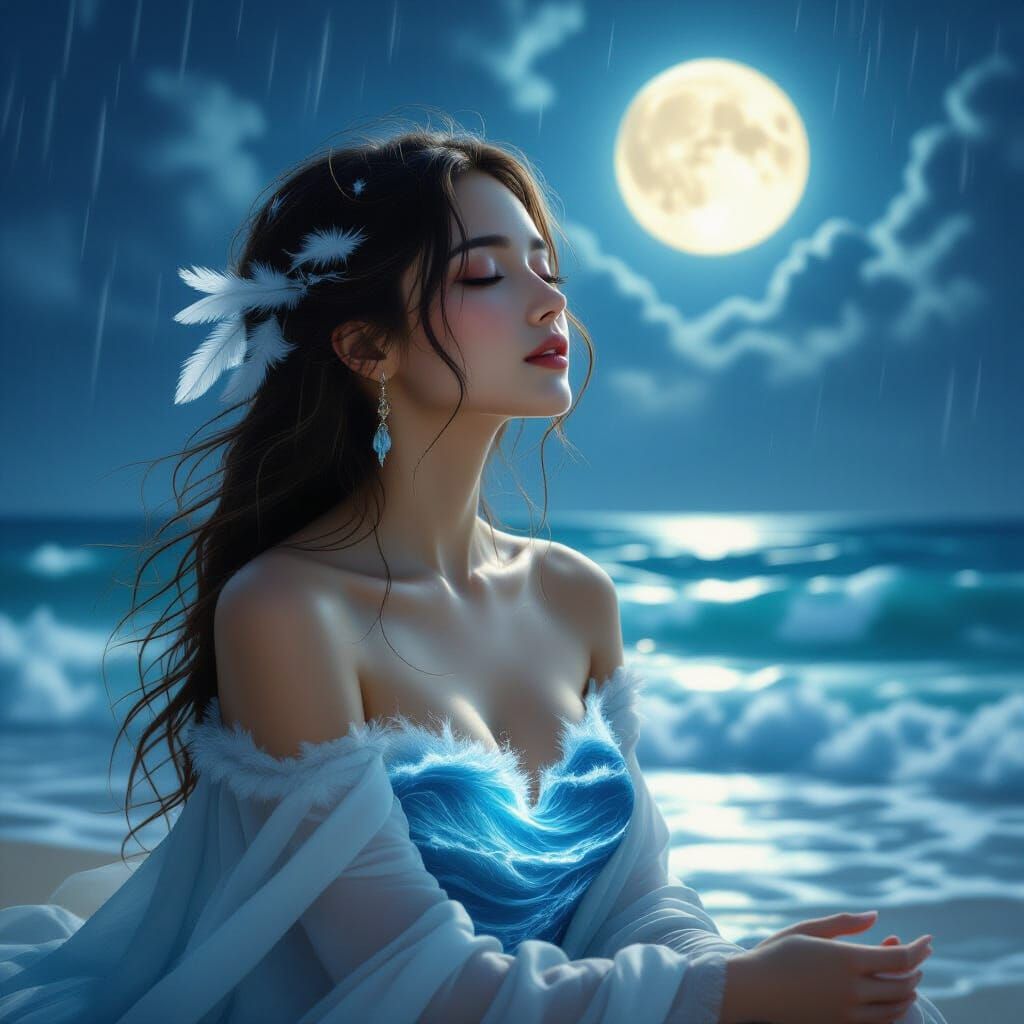 Mystical Ocean Dreamer Gazing at Full Moon