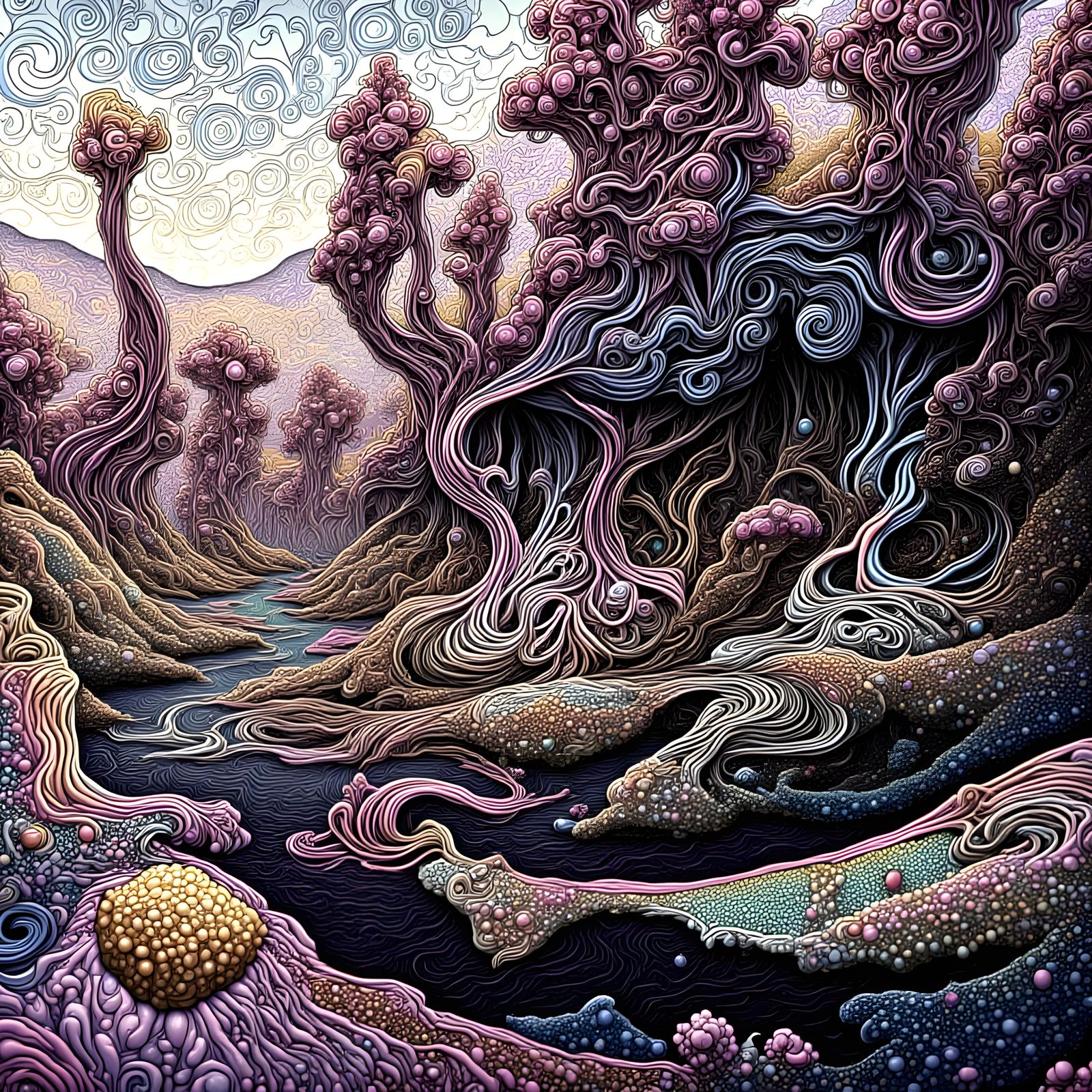 Dreamlike Gouache Swamp Trees in Pink and Blue