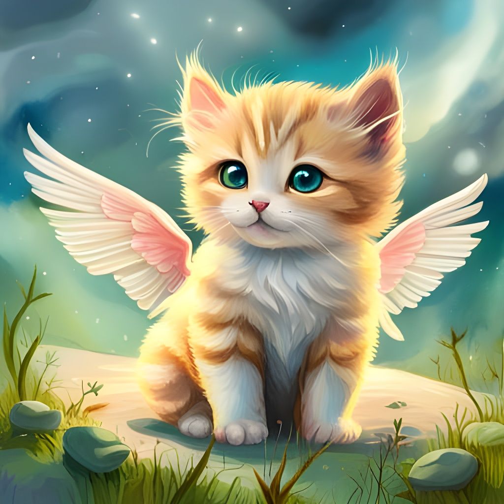 Watercolor Kitten with Wings in Storybook Style