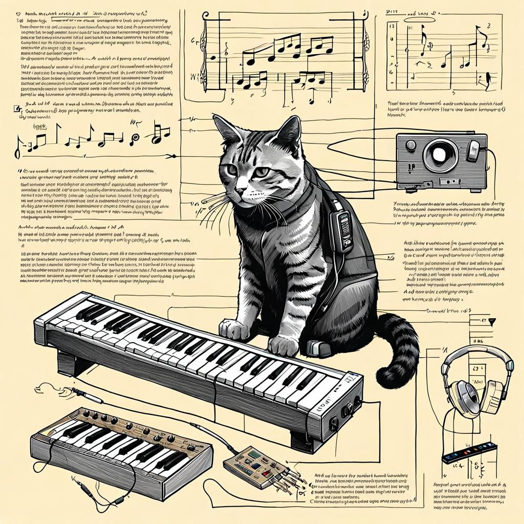 Cat Plays Synth: Detailed Scientific Parchment Sketch