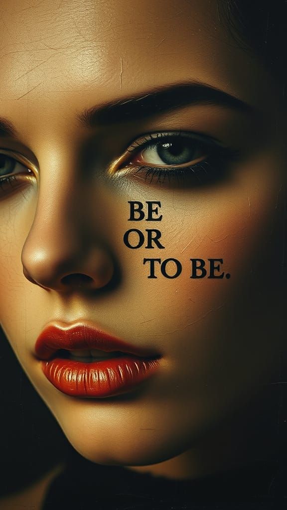 Glamorous Woman's Face with Text in Surrealist Style