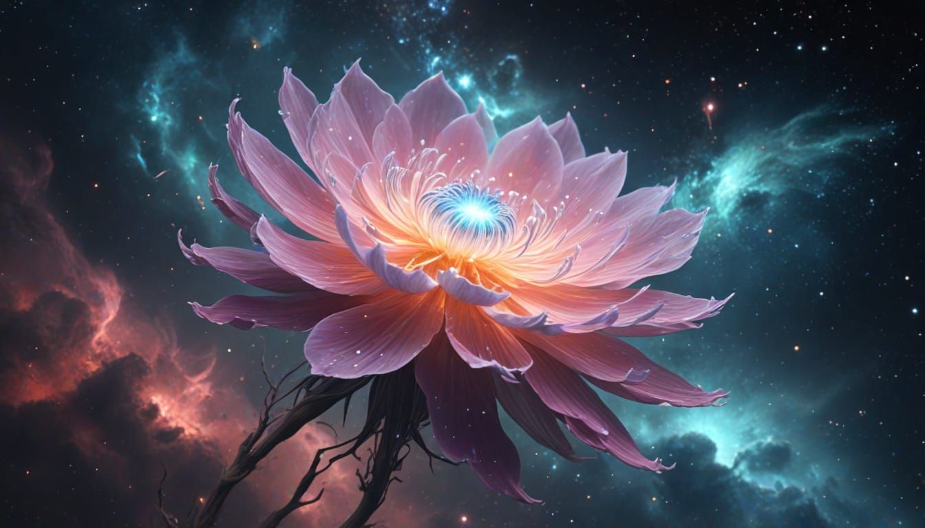 Mystical Flower Blooms in Cosmic Nebula, Oil Painting Style