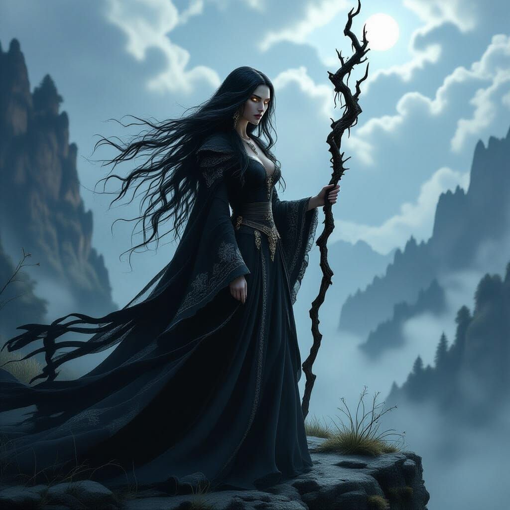Solitary Witch on Cliff Overlooking Mystical Forest