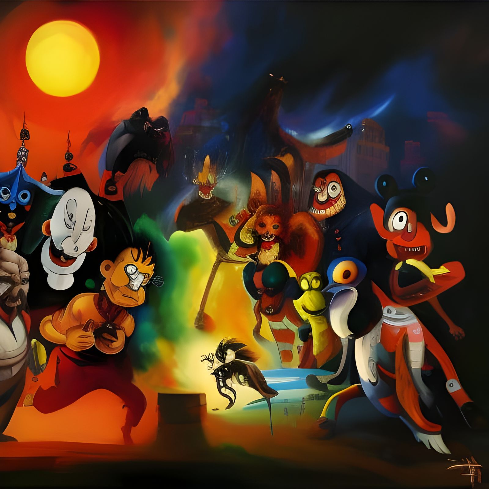 Grotesque Cartoon Characters in Oil Painting