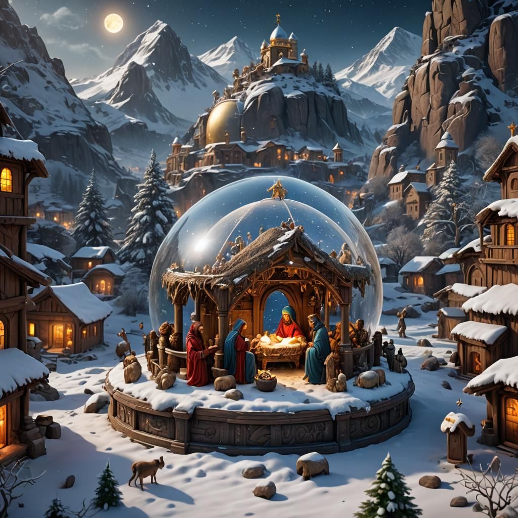 Nativity Scene in Snow Globe: Detailed Matte Painting