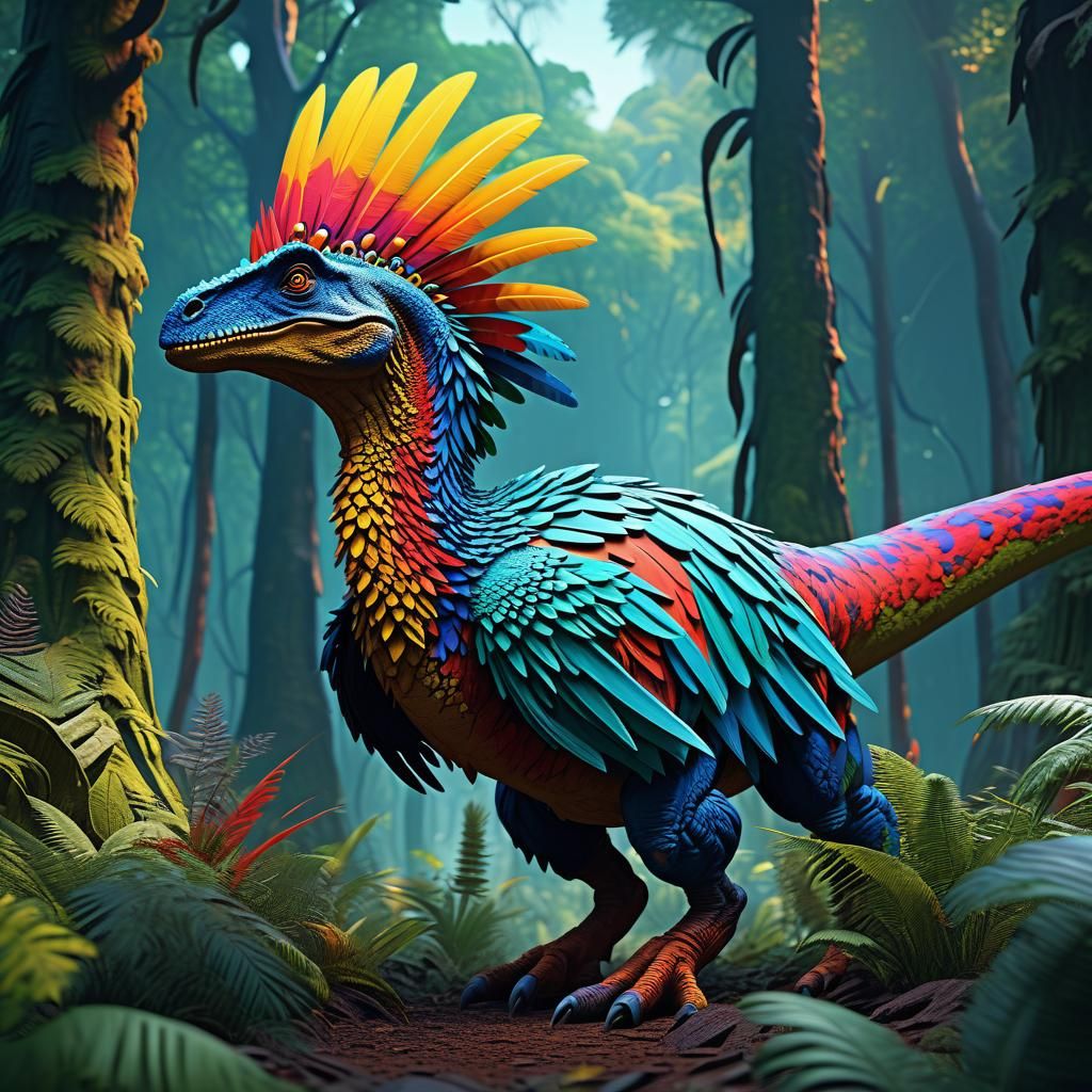 Bird-Dinosaur in Vibrant Forest Bloom