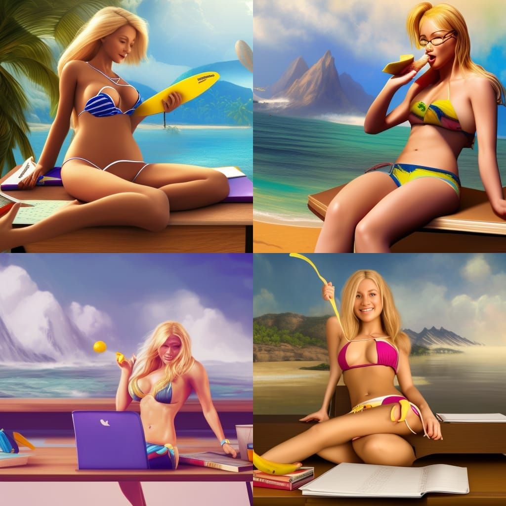 Surreal Scene: Bikini Girl Surfing with Homework