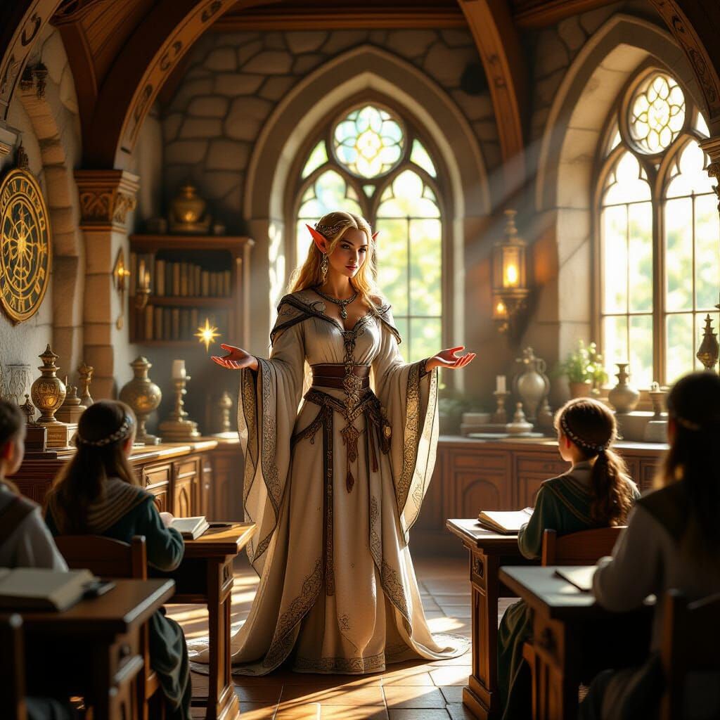 Hyperrealistic Elf Teacher in Ethereal Classroom