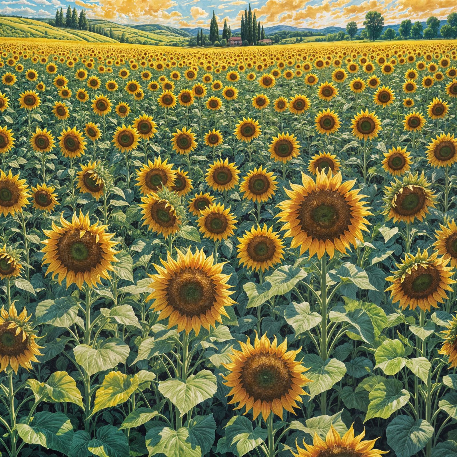 Sun-Faced Sunflowers in Gouache Impressionist Style