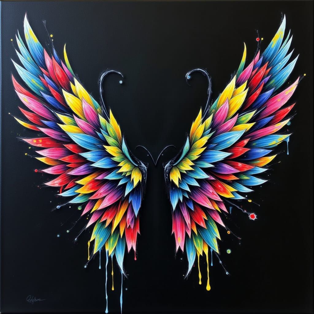 Abstract Impasto Wings on Black Canvas