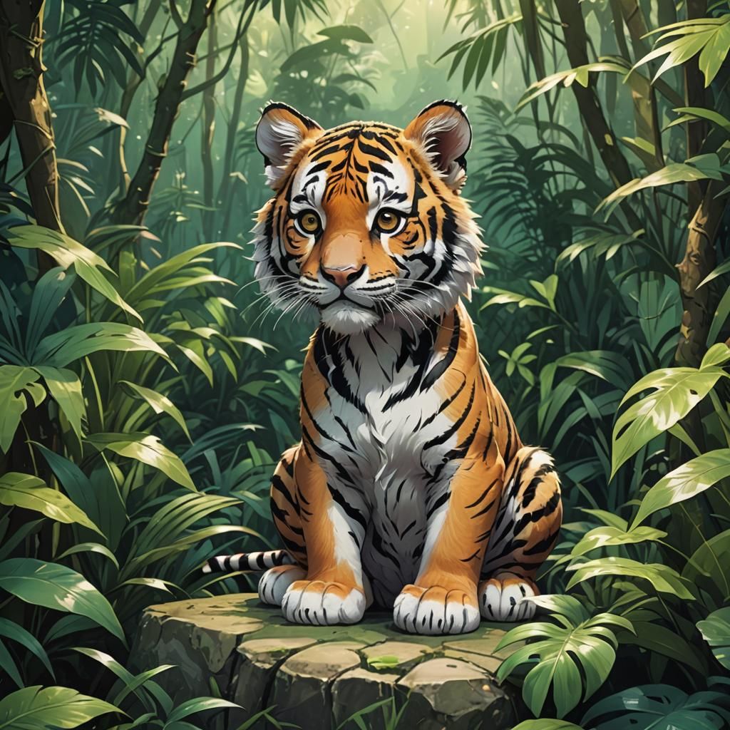 Cute Little Tiger in Jungle, Anime Cel-Shaded Style
