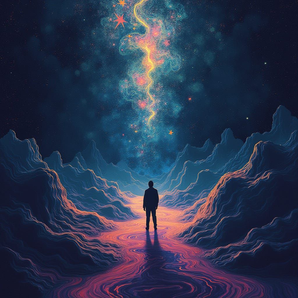 Cosmic Darkness Engulfs Figure in Fractal Patterns