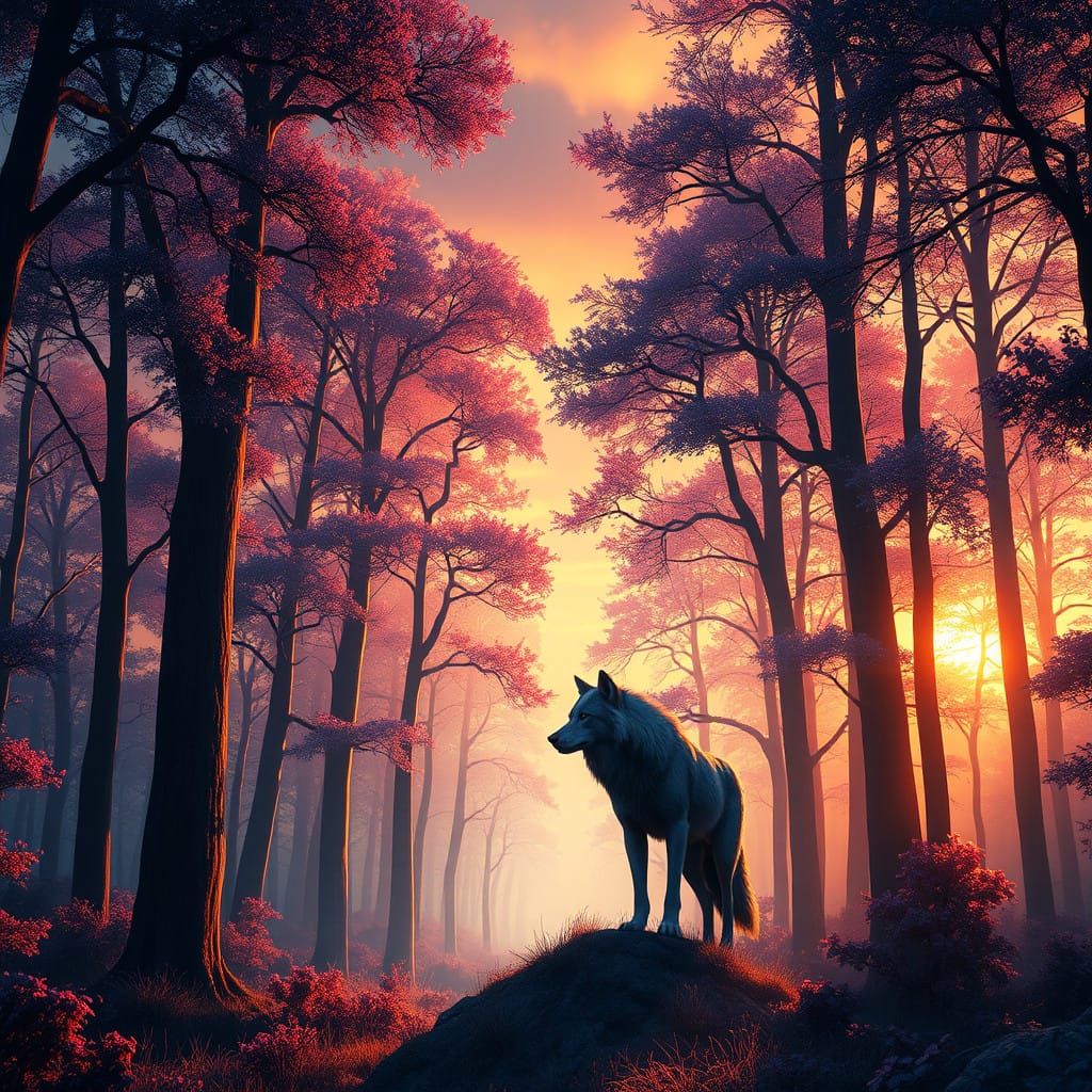 Ethereal Dawn Forest Scene in Fantasy Concept Art Style