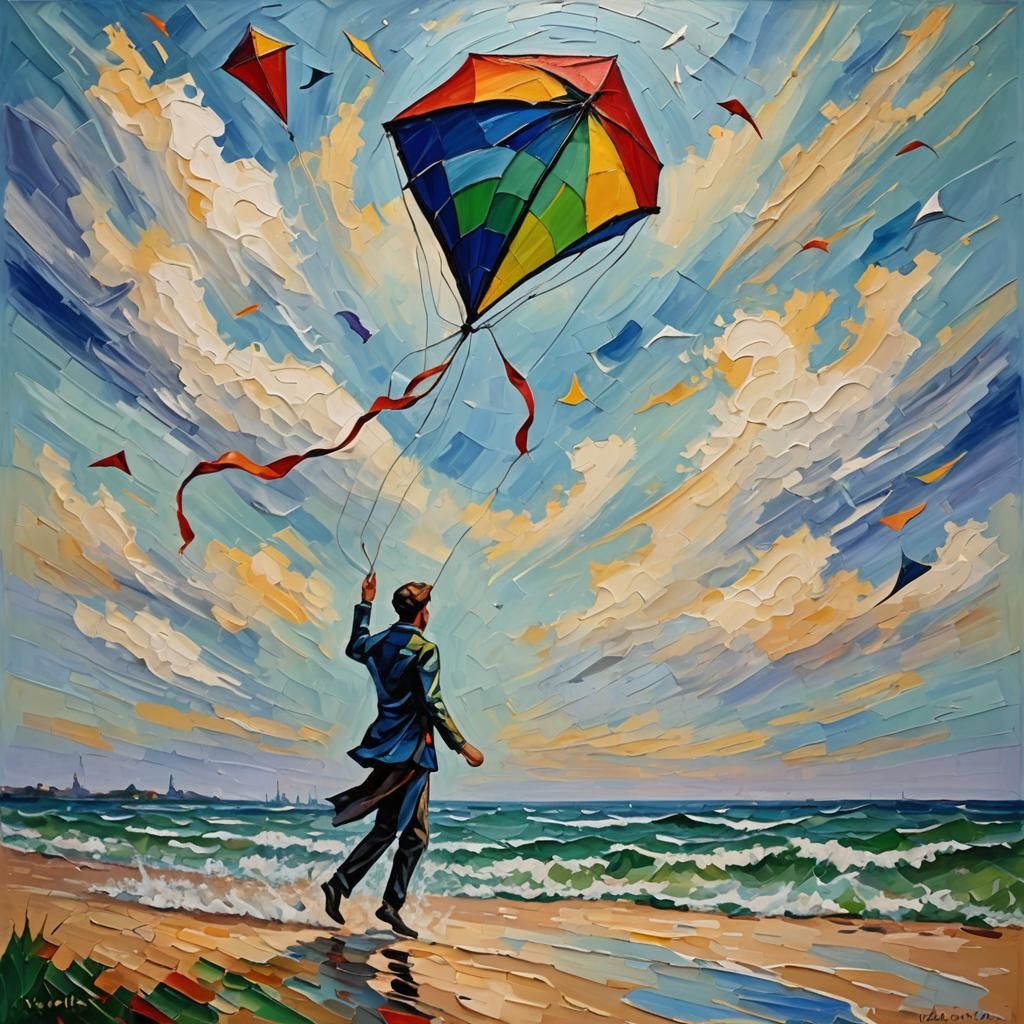 Kite in Wind: Expressionist Oil Painting with Impasto