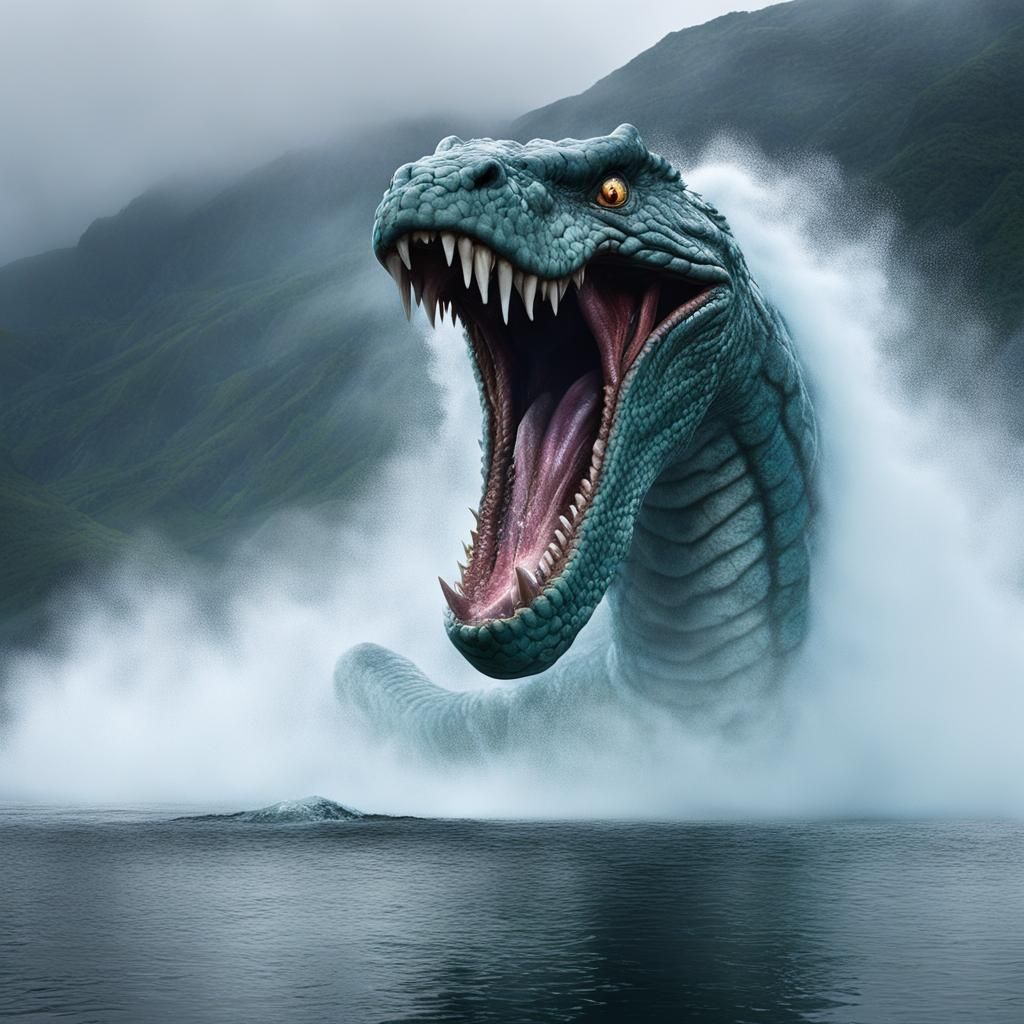 Gargantuan Sea Serpent Emerges from Misty Lake