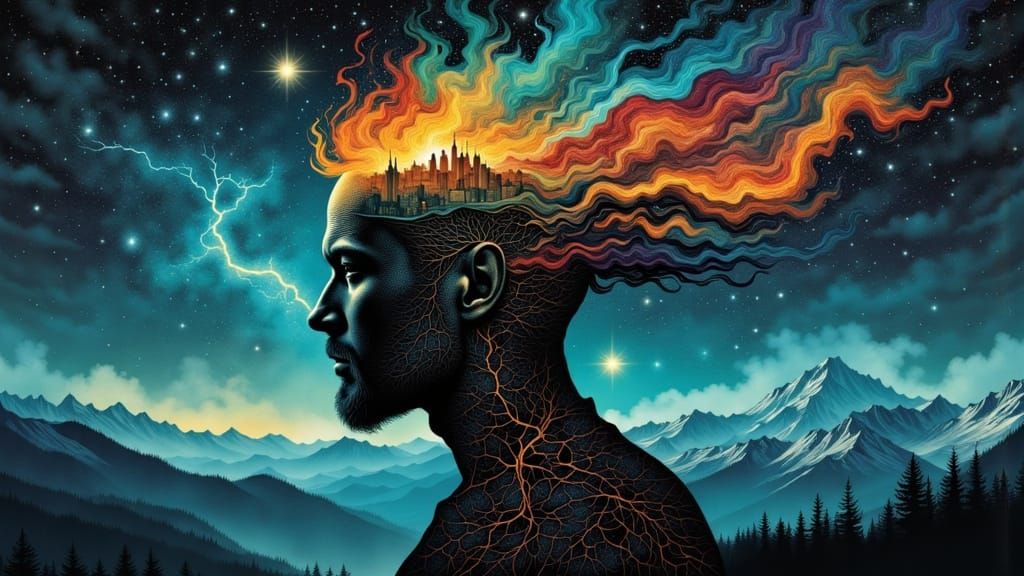 Fractal Man Dreamscape with Cities and Roads