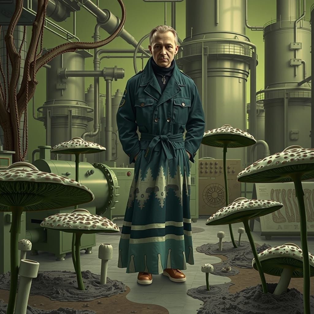 Surrealist Dreamscape with Twisted Gum Cabin and Mushroom Fl...