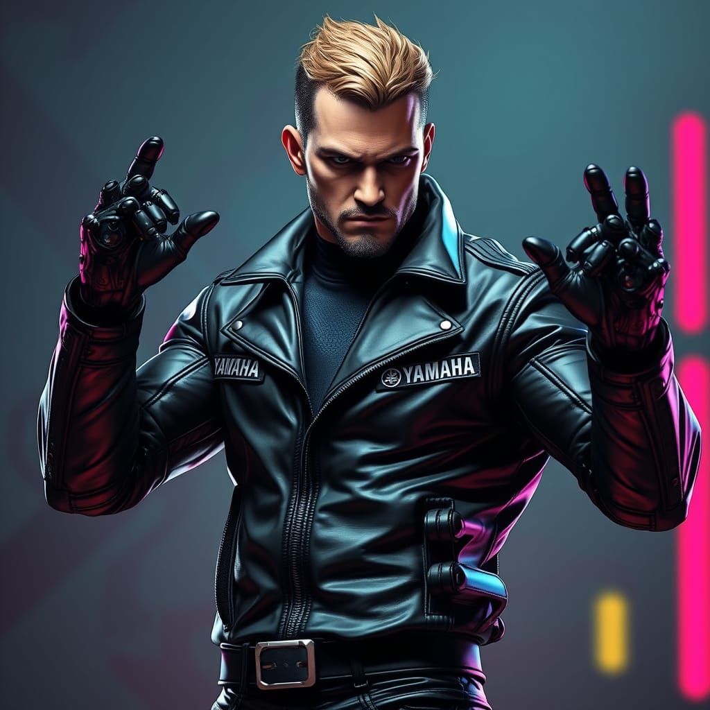 Robotic Man with Yamaha Logo in Cyberpunk Style