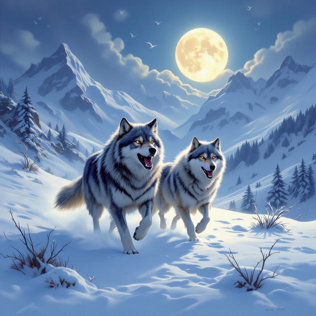 Wolves Howling at the Moon in Whimsical Style